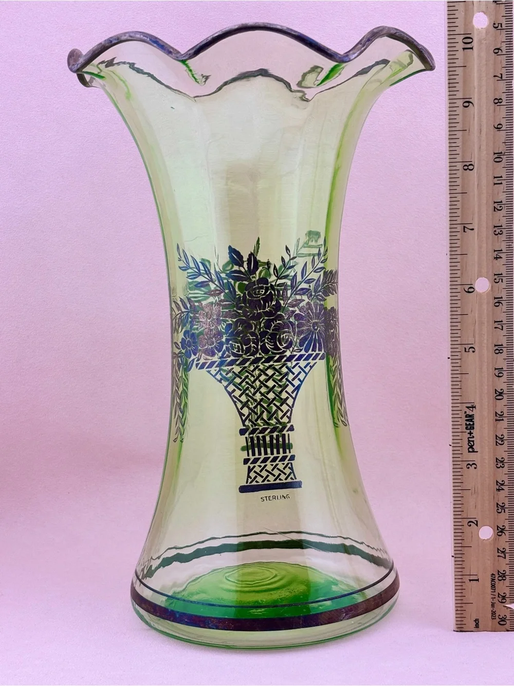 Vintage Art Deco Uranium Glass Vase With Sterling Silver Overlay